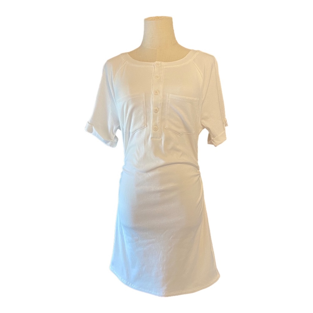 New Lovers + Friends White Ribbed Ruched Button T-Shirt Dress Women’s Small